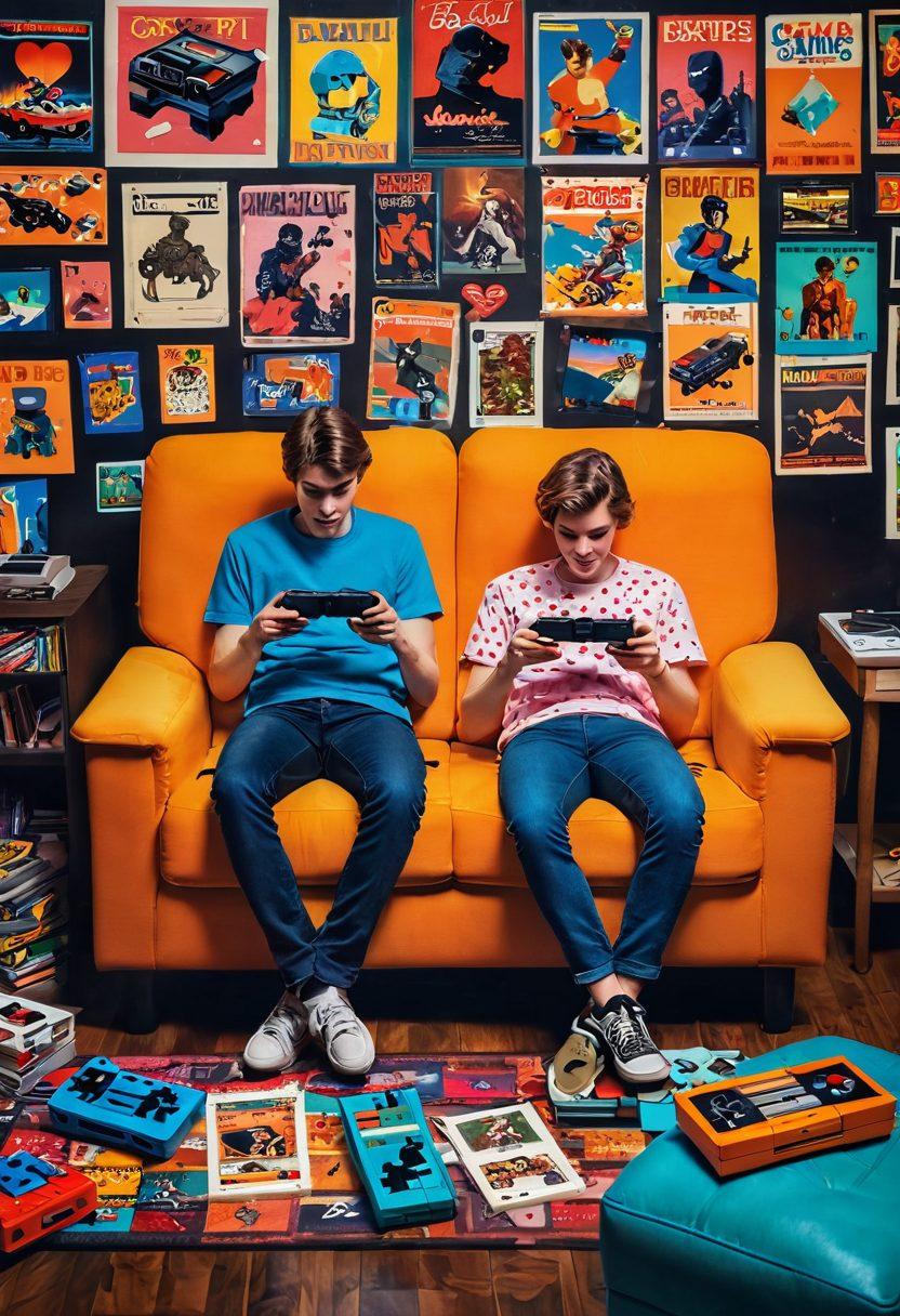 A nostalgic gaming scene featuring retro consoles, pixelated heart symbols floating around, and two silhouettes of friends joyfully playing together on a couch, surrounded by vintage game posters and colorful game cartridges. Bright, vivid colors bring warmth and excitement to the atmosphere. super-realistic. vibrant colors. retro aesthetic.