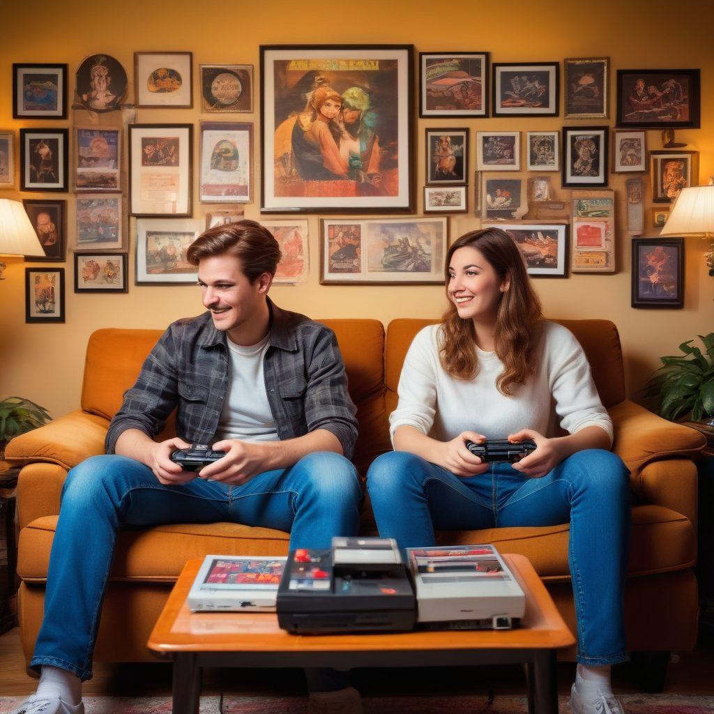 A cozy scene of a couple sitting on a vintage couch, surrounded by retro gaming consoles and memorabilia from the 80s and 90s, with warm lighting casting a nostalgic glow. They are playfully competing in a classic video game, smiles on their faces, evoking feelings of love and nostalgia. In the background, a wall filled with framed posters of iconic vintage games adds to the atmosphere. dreamy and romantic. warm colors. vintage style.
