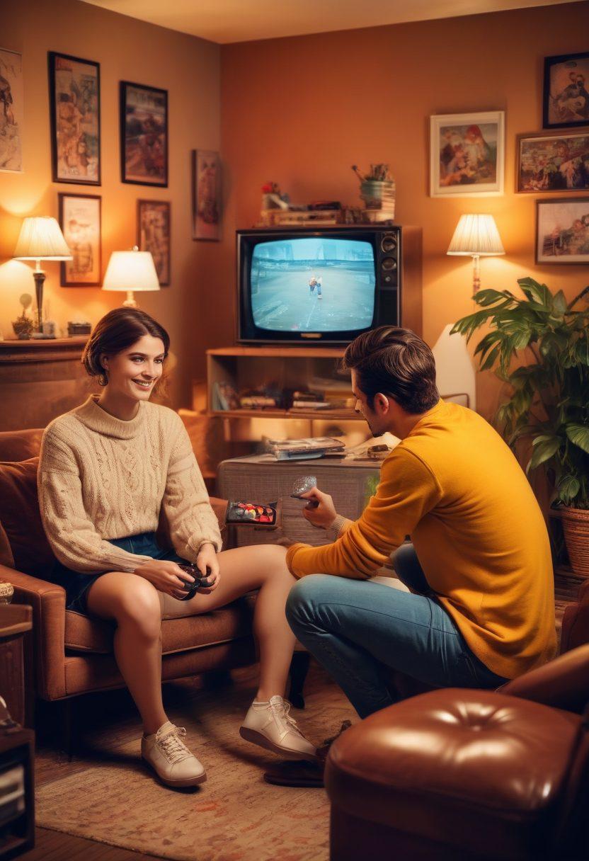 An enchanting scene of a vintage living room with a couple sitting together, engrossed in retro gaming on an old TV. The room is adorned with nostalgic gaming memorabilia, vibrant posters, and soft, warm lighting that highlights the affection in their shared moment. The couple is smiling, surrounded by classic game controllers and snacks, capturing the essence of romance through gaming. retro style. warm colors. cozy atmosphere.